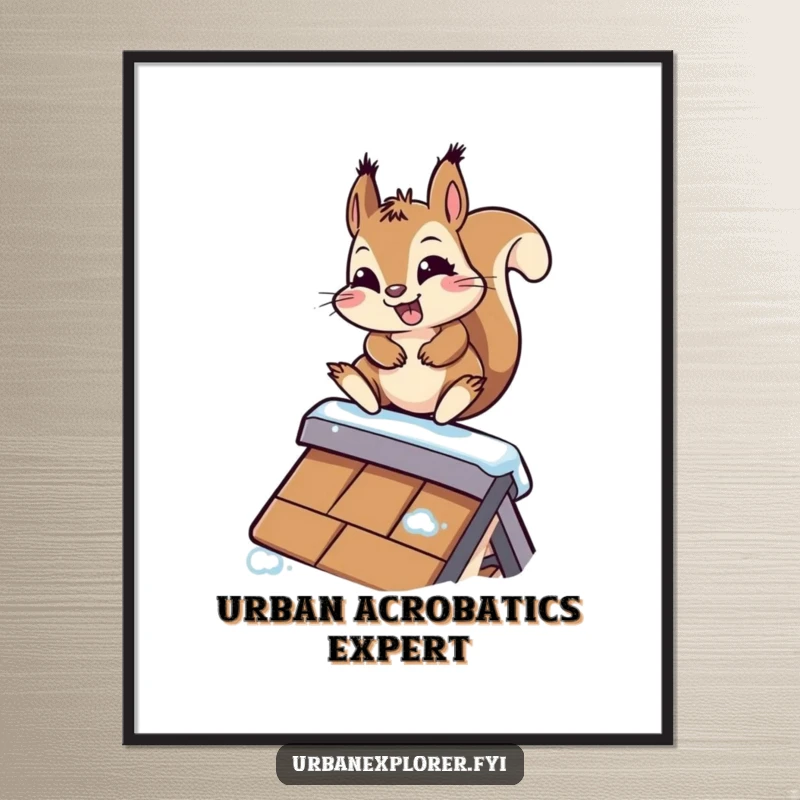Funny Kawaii Squirrel Digital Art: A determined kawaii squirrel slides down a slippery rooftop, capturing the essence of humorous adventure.