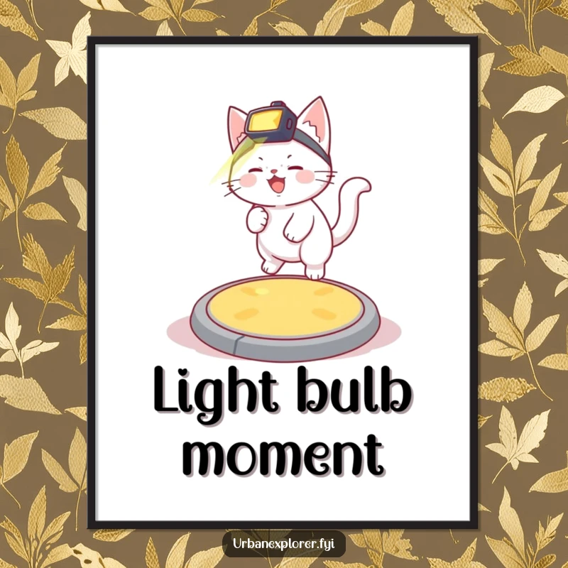 Funny giggling white kitten with a headlamp bouncing on a manhole cover, a charming and humorous digital art print.
