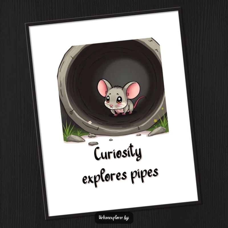Funny mouse digital art print of a tiny mouse exploring a large pipe, perfect for whimsical home decor.