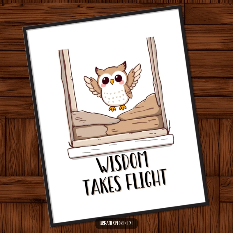 Funny owl digital art print of a joyful owl landing on a broken window ledge, perfect for whimsical home decor.