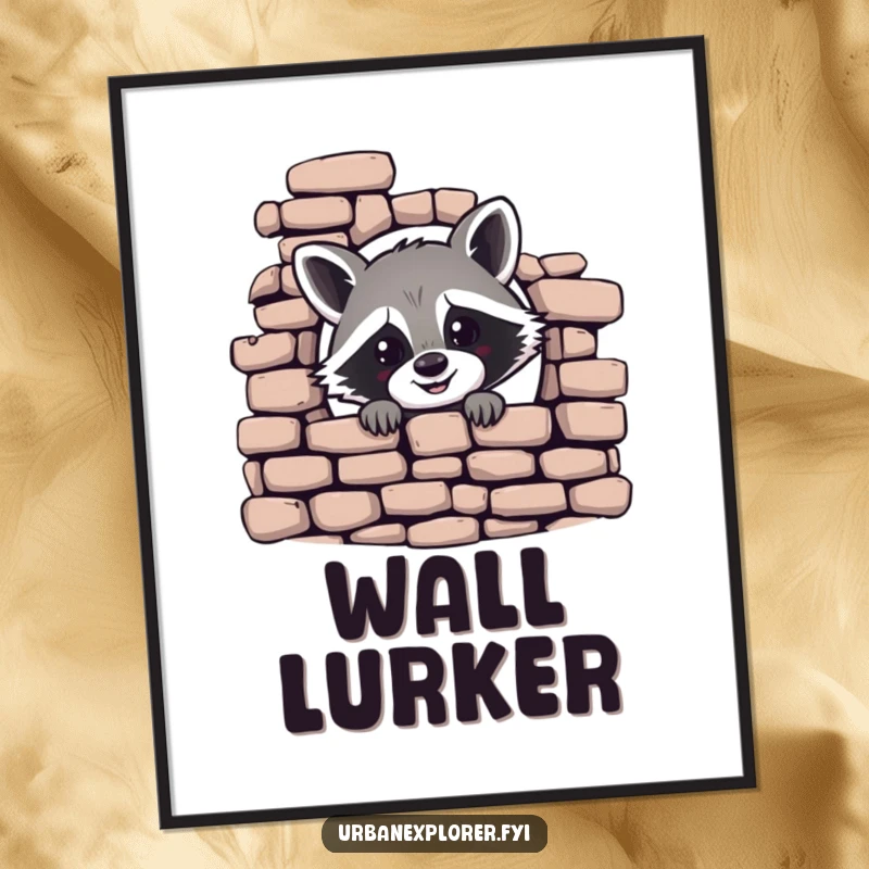 Funny digital art print of a cheerful raccoon peeking from behind a crumbling brick wall, ideal for humorous wall decor.