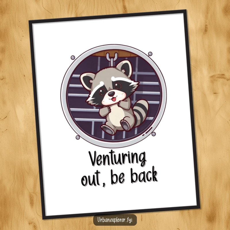 Funny raccoon dangling from a ventilation grate, high-resolution digital art print for immediate humorous home decor.