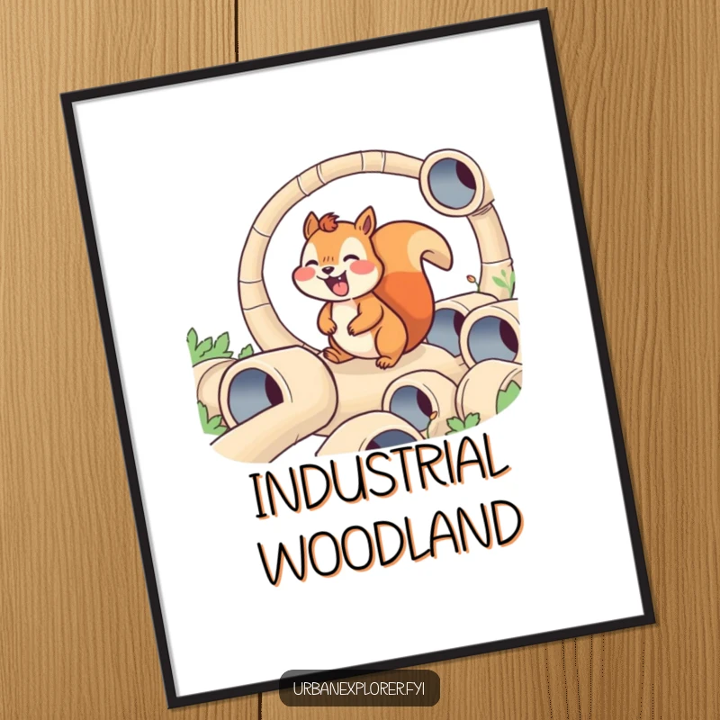 Funny digital art print of a joyful squirrel navigating a maze of tiny pipes, offering a whimsical and humorous decorative piece.