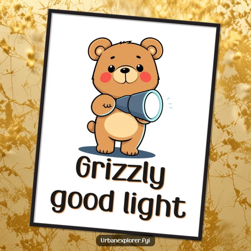 Funny Chibi bear holding a flashlight in the dark, available as a digital art print for immediate whimsical decor.