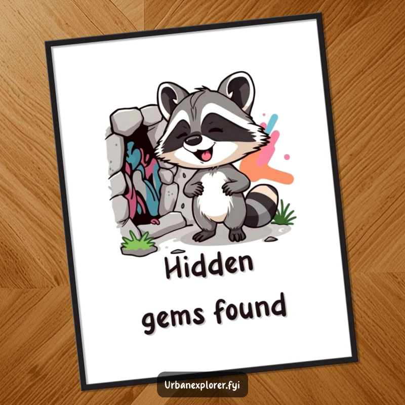 Funny Raccoon Street Art Digital Art Print: A giggling raccoon discovering street art, high-quality for instant, vibrant wall decor.