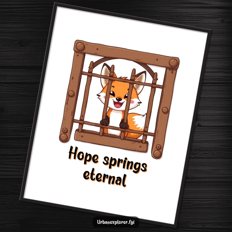 Funny Digital Art: A brave fox with an excited smile peeks through a rusty, barred window, adding mystery.