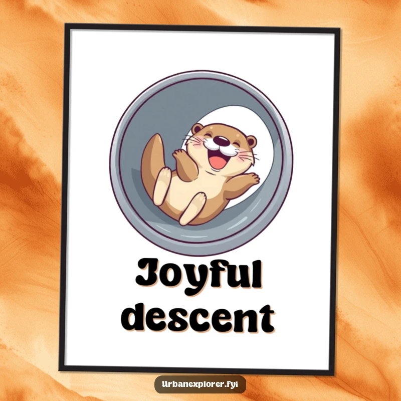 Funny joyful otter with a wide grin, sliding down a drainage pipe, printable digital art, humorous and joyful decor.