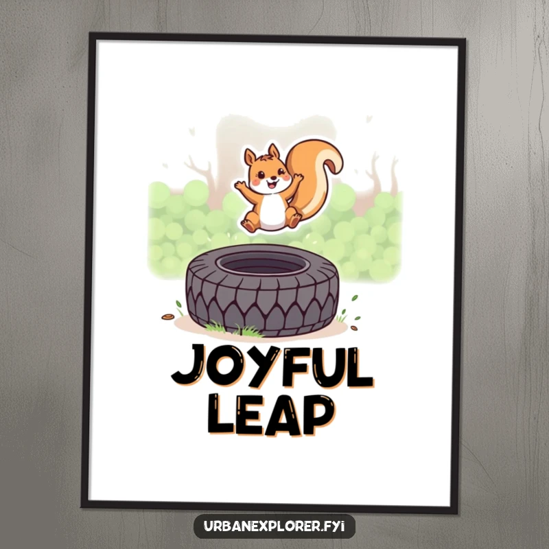 Funny Kawaii Squirrel Digital Art Print, cute squirrel leaping over a tire, downloadable illustration, ideal funny gift.