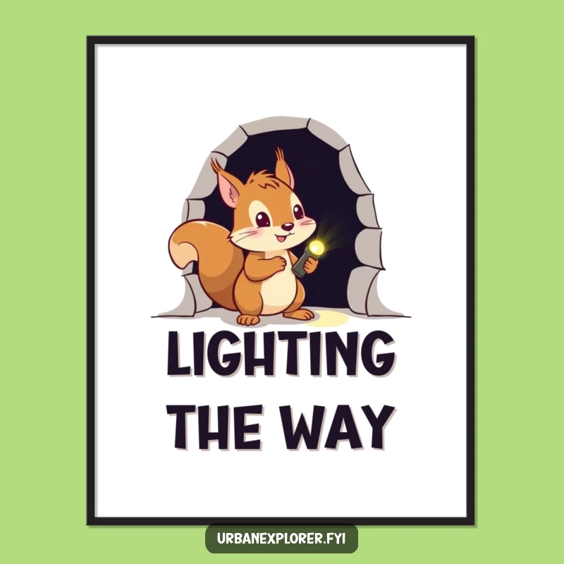 Funny Squirrel Explorer Digital Art: Brave Adventurer with Flashlight, Printable Funny Gift Decor