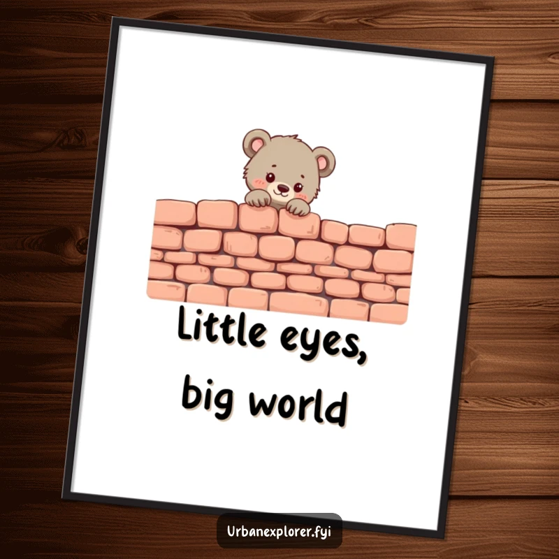 Funny Bear Cub Digital Art Print: A tiny bear cub peeks over a crumbling brick wall, radiating adorable curiosity.