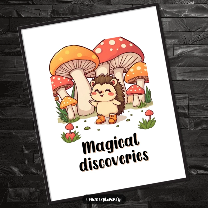 Funny Digital Art: A happy hedgehog wearing tiny boots excitedly explores a cluster of giant, colorful mushrooms.