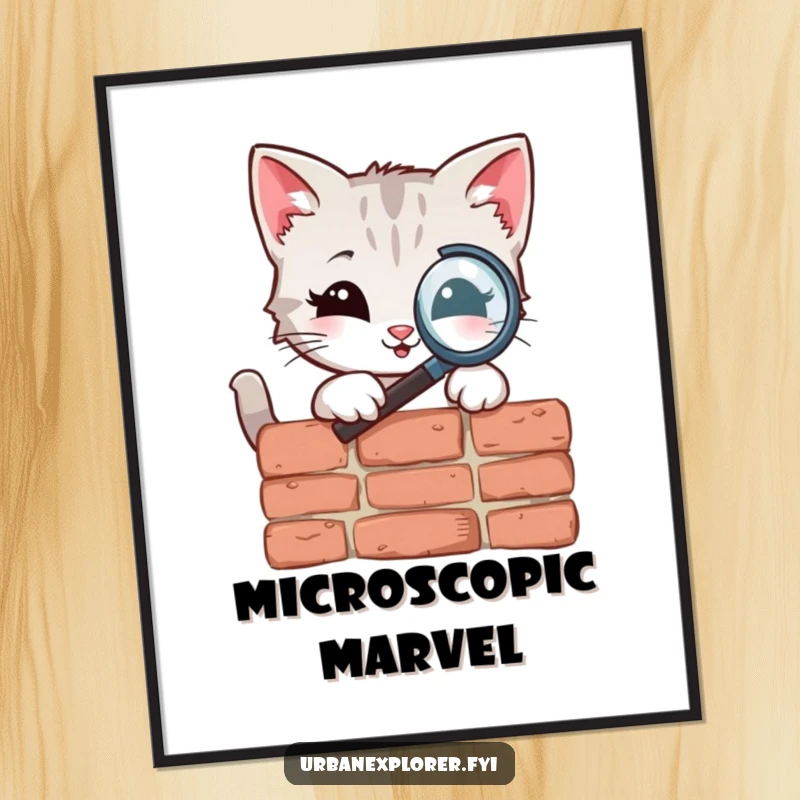 Funny Digital Art Print of a smiling kitten character intently using a magnifying glass on a weathered brick, capturing meticulous curiosity.