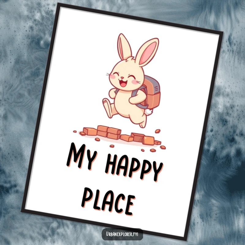 Funny smiling bunny with a backpack, leaping over tiny scattered bricks, printable digital art, motivational and humorous decor.