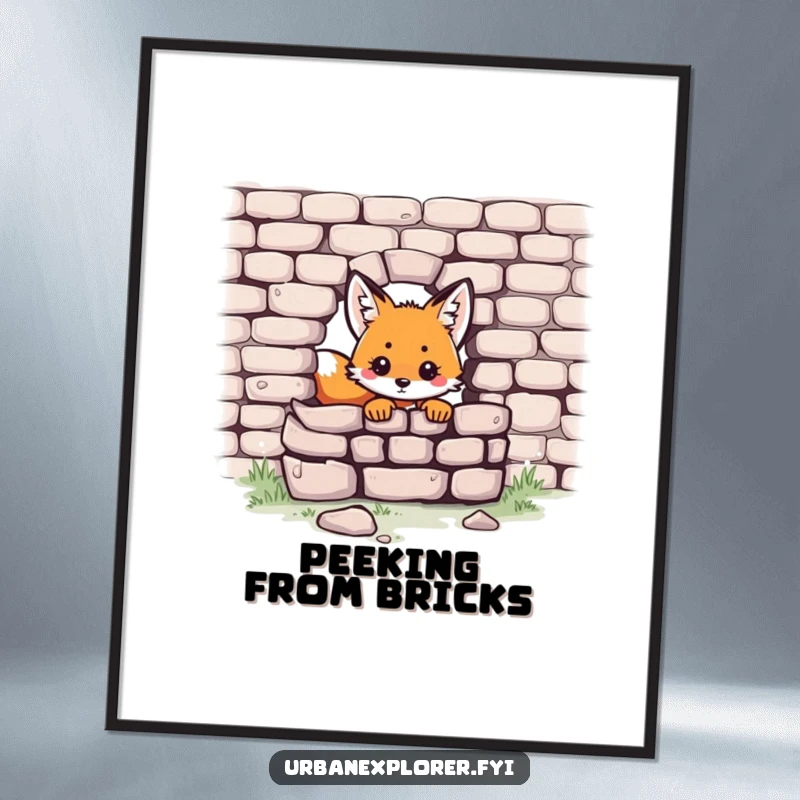Funny Kawaii fox digital art print of a small, cute fox peeking from behind a crumbling brick wall, evoking charm.