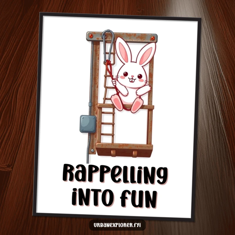 Funny Kawaii Bunny Digital Art Print, cute rabbit rappelling down a fire escape, downloadable illustration, ideal funny gift.