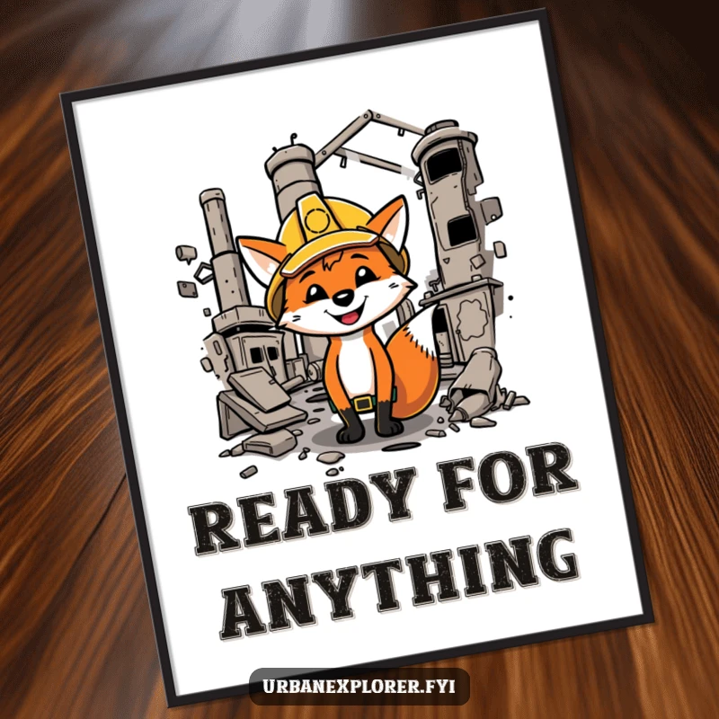 Funny fox wearing a hard hat explores a dilapidated factory, captured in a high-quality, humorous digital art print.