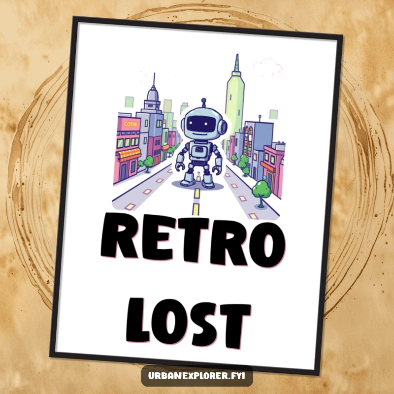 Funny robot digital print, pixelated cityscape, lost bot, retro gaming art, instant download gift.