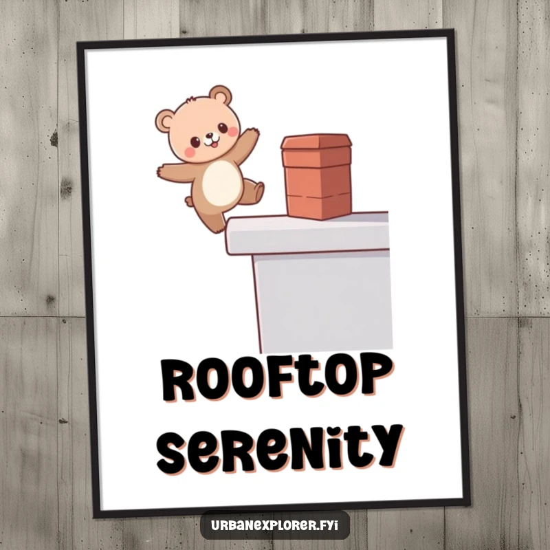 Funny Kawaii Bear Digital Art Print, cute bear balancing on a rooftop edge, downloadable illustration, ideal funny gift.