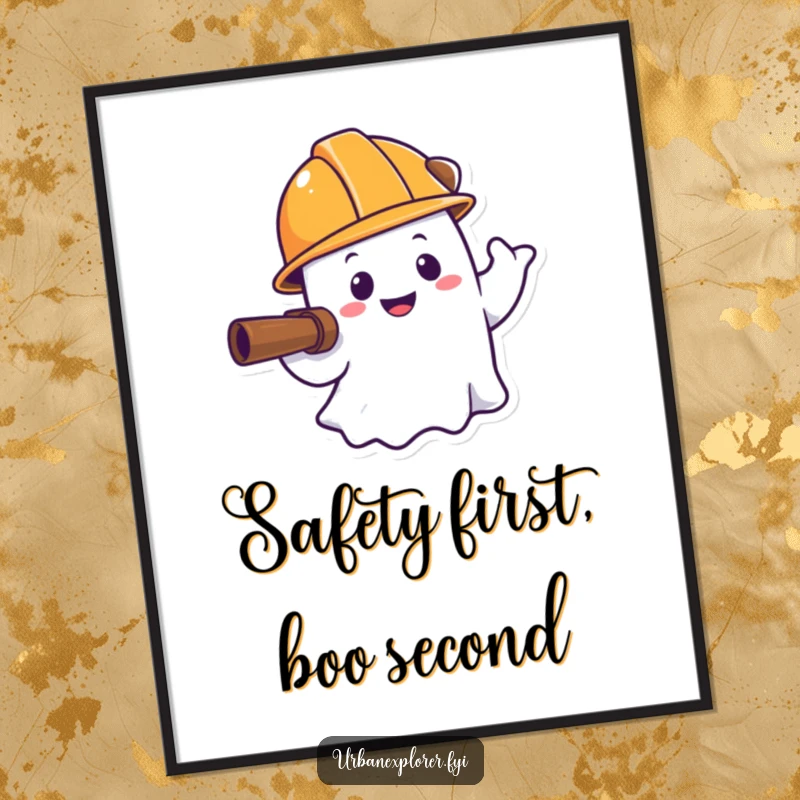 Funny ghost digital print, hard hat explorer, smiling spirit, cartoon art, instant download gift.