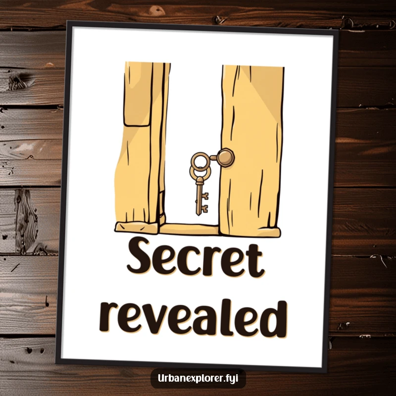 Funny whimsical key unlocking a creaky, old door, available as a digital art print for immediate intriguing decor.