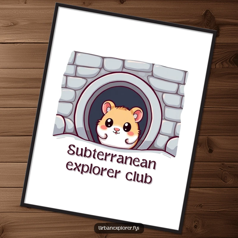 Funny Kawaii Hamster Digital Art: A wide-eyed kawaii hamster discovers a hidden subway entrance, bringing humorous exploration to your walls.