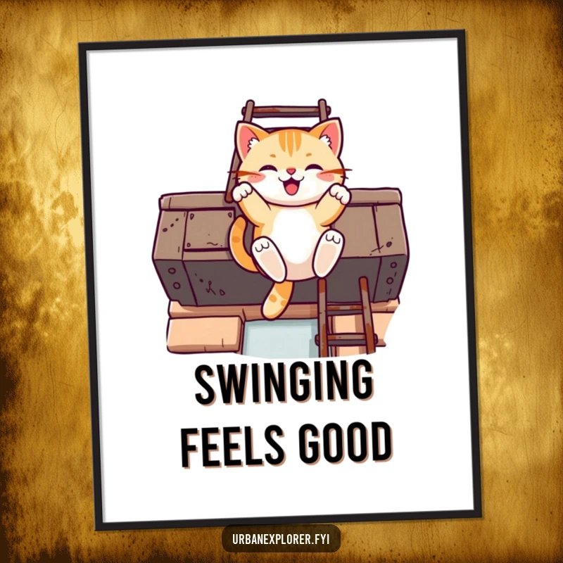 Funny Kawaii cat digital art print of a cat swinging from a rusty fire escape ladder, embodying urban fun.