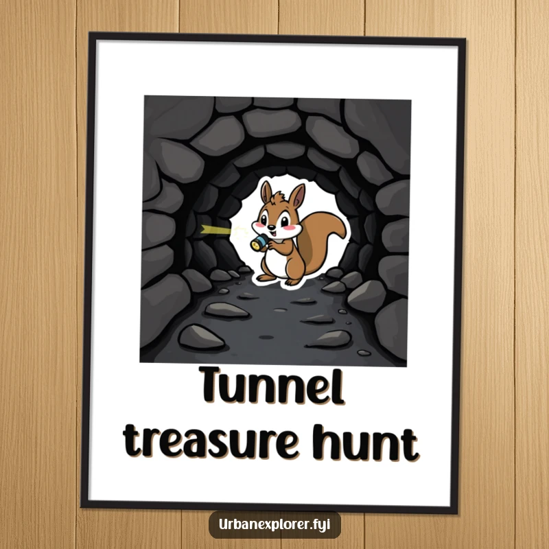 Playful squirrel with a flashlight investigating a dark, forgotten tunnel, captured in a high-quality, humorous digital art print.