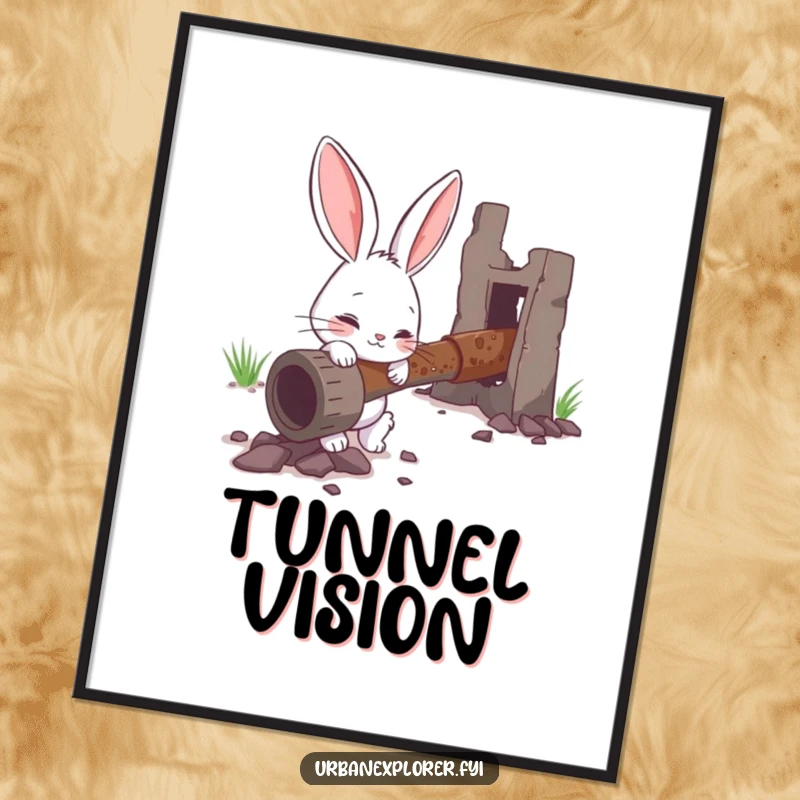 Funny digital art print of a curious bunny character examining a rusty pipe, ideal for humorous wall decor.