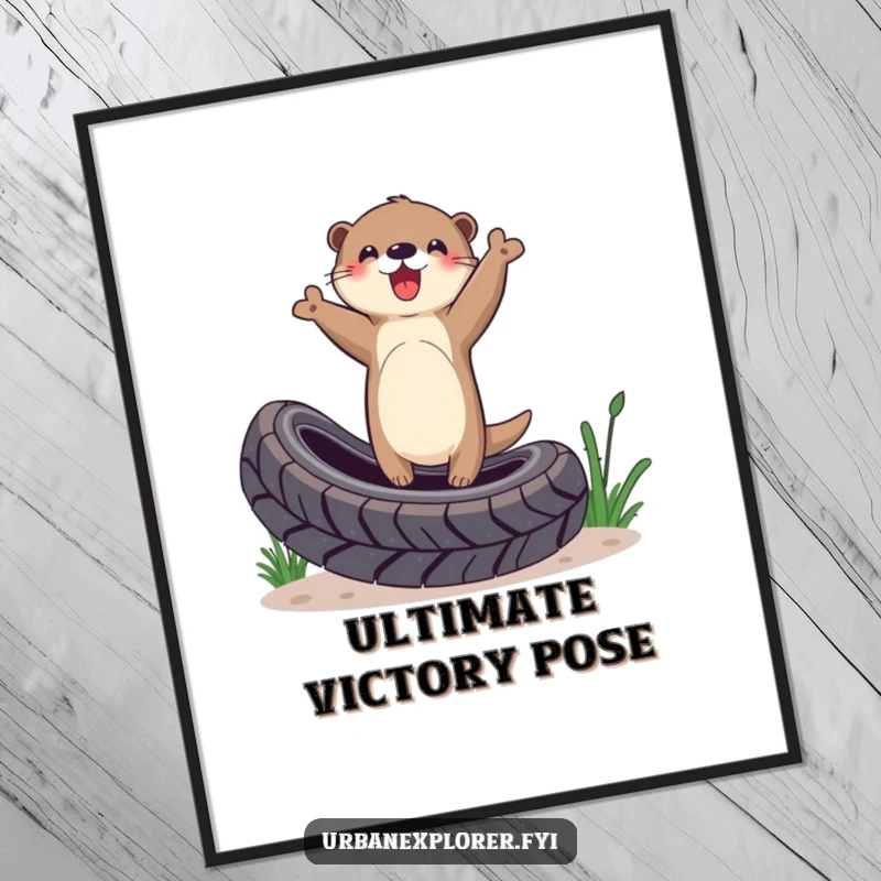Funny Otter Digital Art Print: Otter balancing triumphantly on a tire, symbolizing success and joy, perfect for humorous wall decor.