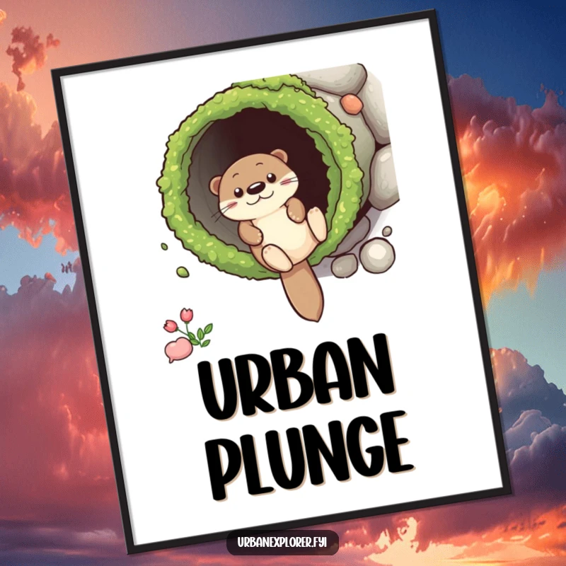 Funny Digital Art Print of a gleeful otter character sliding down a mossy drainpipe, capturing a moment of pure, playful, and vibrant energy.