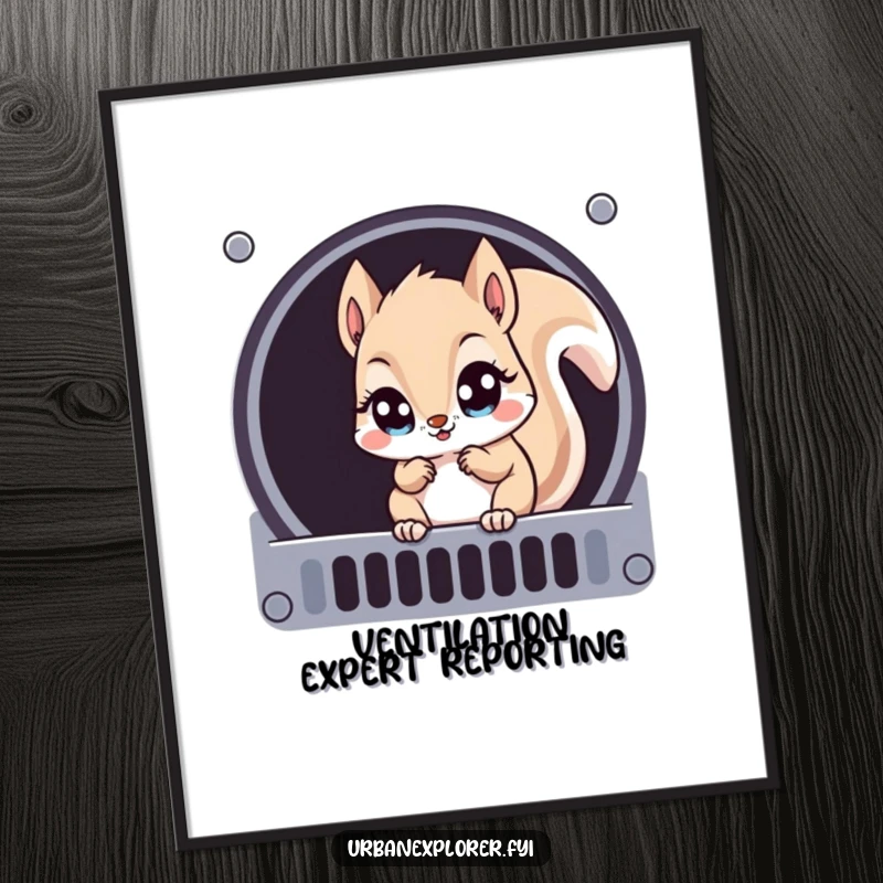 Funny Kawaii squirrel with wide eyes, investigating a ventilation grate, as a digital art print for home decor.
