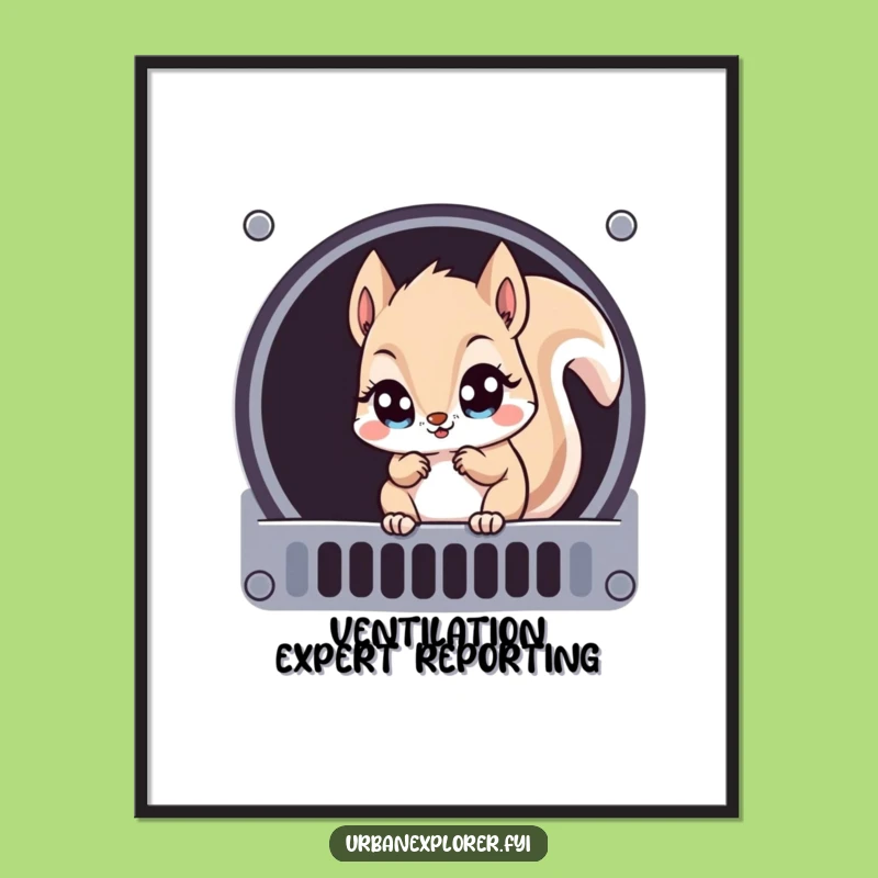 Funny Kawaii Squirrel Digital Art Print: Whimsical Grate Explorer Decor