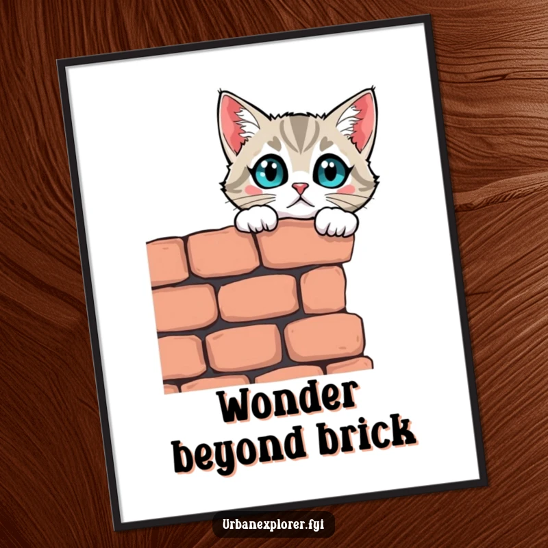 Funny curious cat peering over a crumbling brick wall with wide eyes, high-resolution digital art print, instant humorous decor.