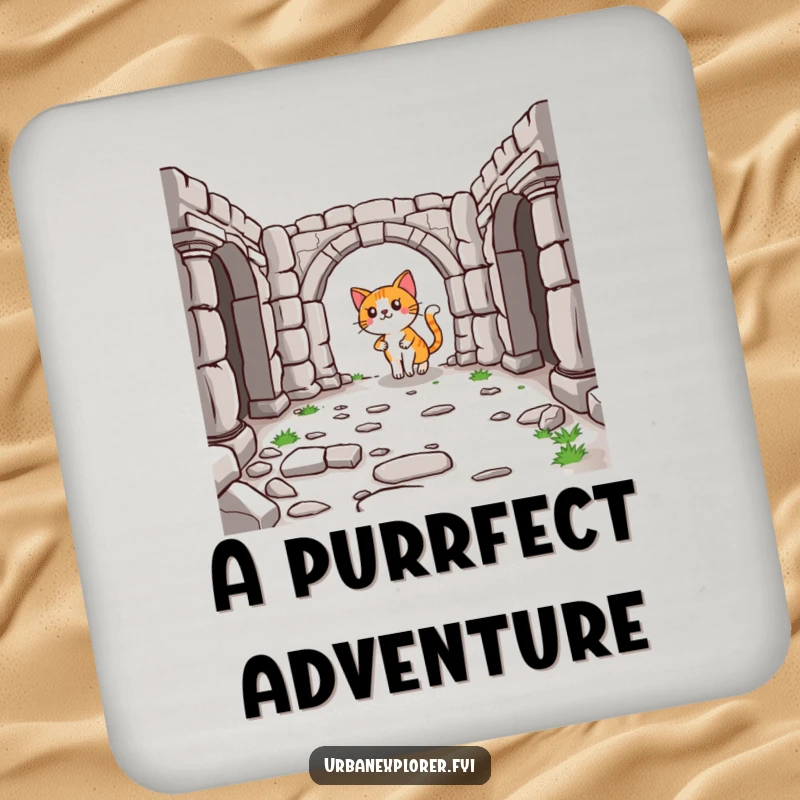 Funny Cat Drink Coaster: A lighthearted cartoon cat exploring historical ruins, offering surface protection with humor.
