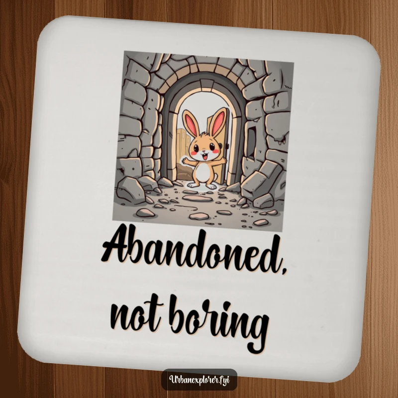 Funny Rabbit Drink Coaster: A silly cartoon rabbit finding a hidden doorway in an abandoned city, offering surface protection with humor.