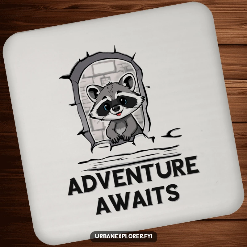 Funny raccoon peering through a broken warehouse window sits on a drink coaster, adding humor.