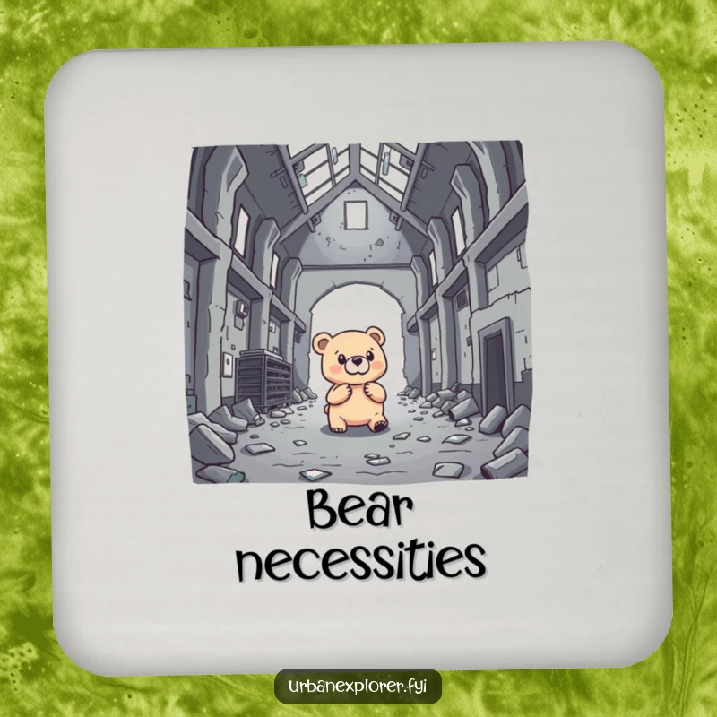 Funny brave bear investigating an abandoned warehouse, ears perked, designed as a humorous drink coaster.