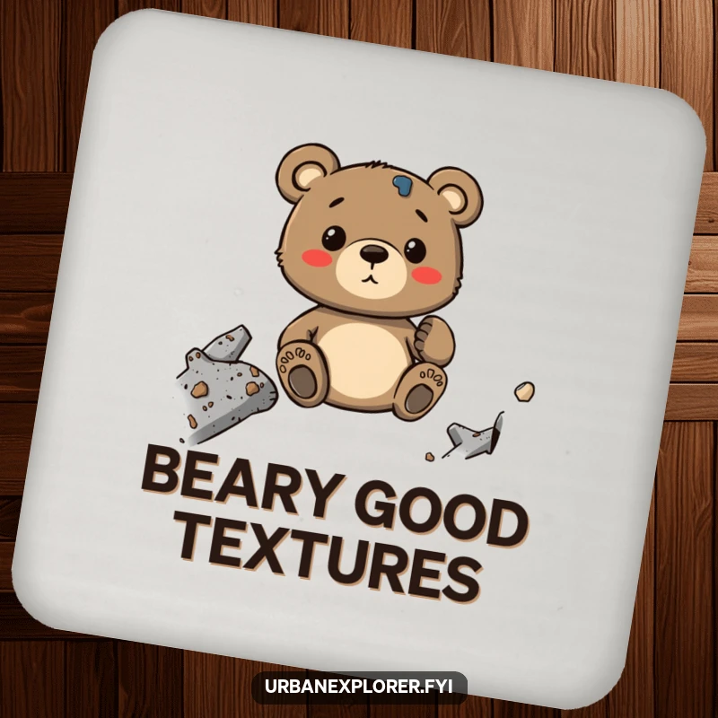 Funny Bear Drink Coaster: A whimsical cartoon bear appreciating industrial decay textures, offering surface protection with humor.
