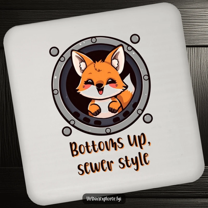 Funny mischievous fox with a playful grin peeking from a sewer grate, designed as a humorous drink coaster.