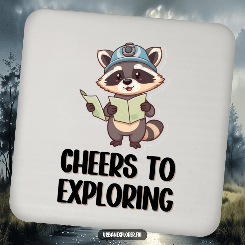 Funny drink coaster with a helmeted raccoon holding a map and pointing, adding humor and adventure to tabletops.