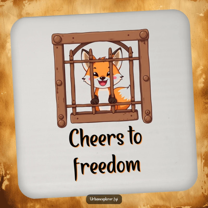 Funny Coaster: A brave fox peeks through a barred window, offering stylish protection for your surfaces.