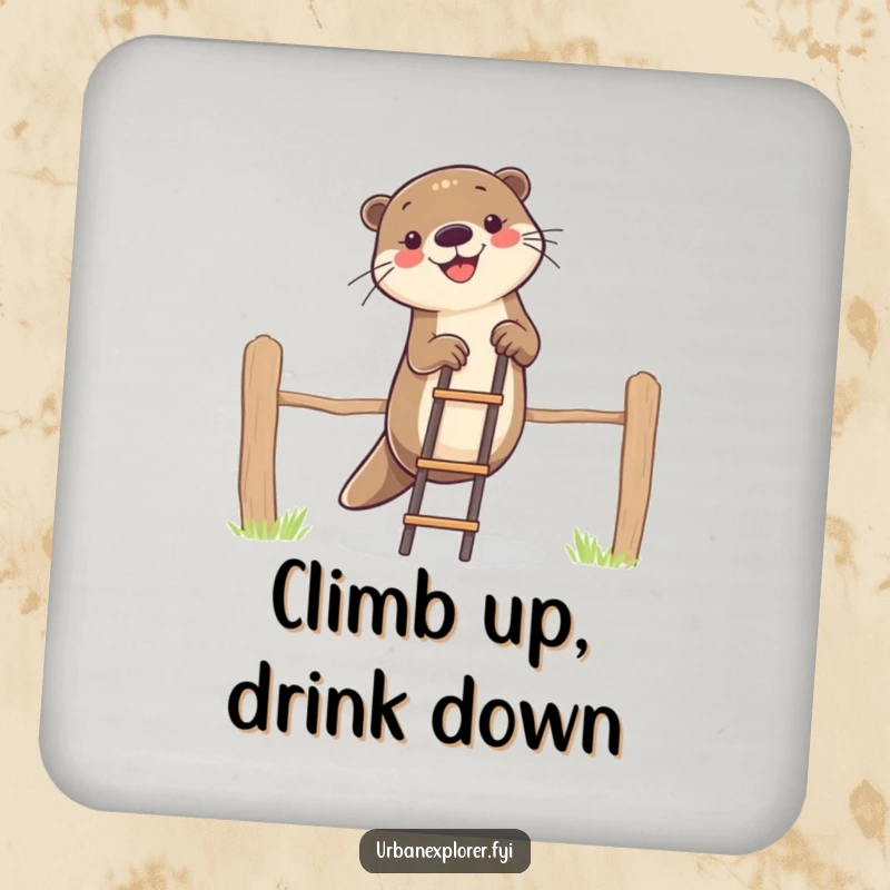 Funny otter character trying to climb a fence with a ladder on a drink coaster, adding a humorous touch to tabletops.
