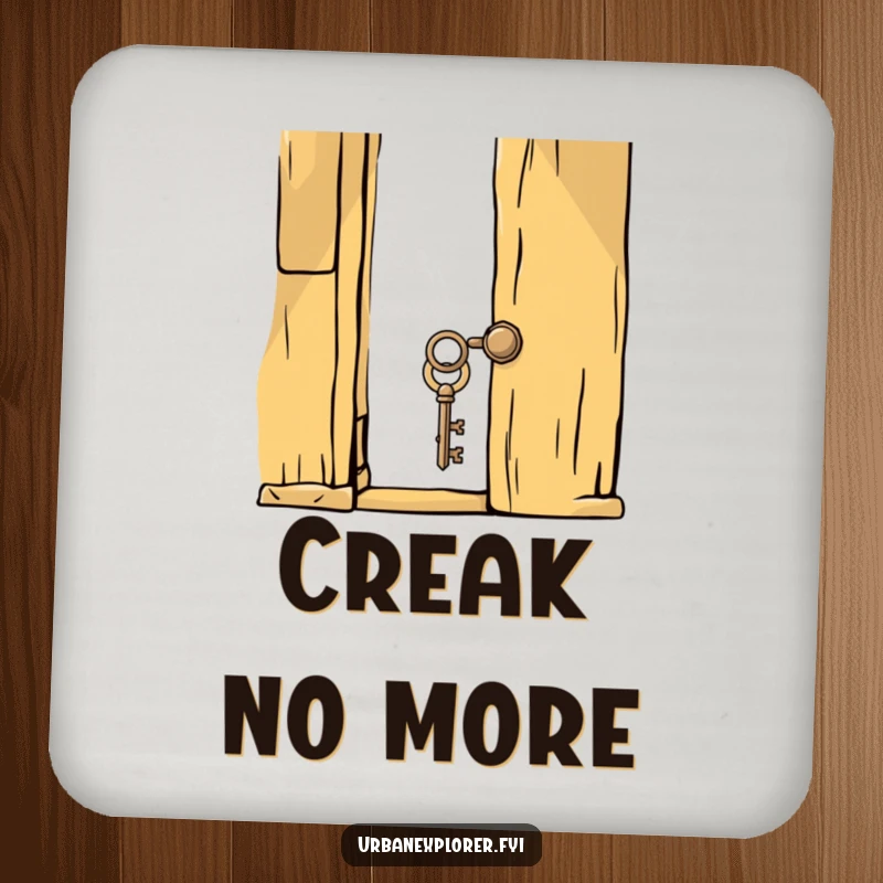 Funny whimsical key next to a creaky, old door on drink coasters, protecting tables with a hint of mystery and humor.