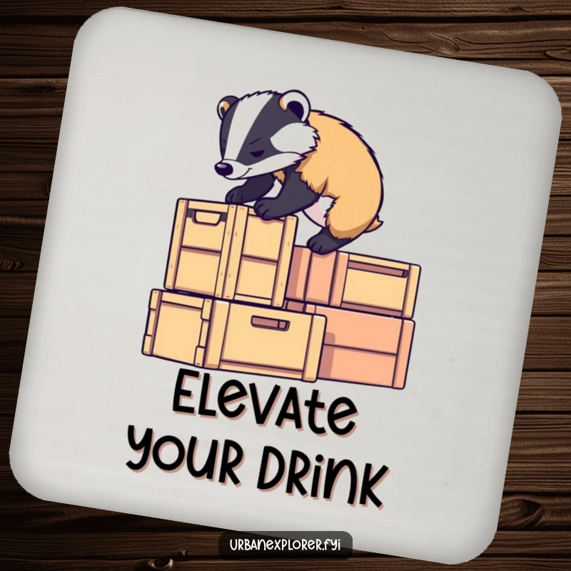 Funny badger character climbing stacked crates with determination, a humorous design for protecting surfaces, a funny gift coaster.