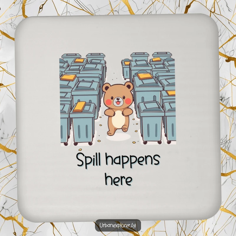 Funny bear bravely navigating a maze of dumpsters with delight, on a set of drink coasters.