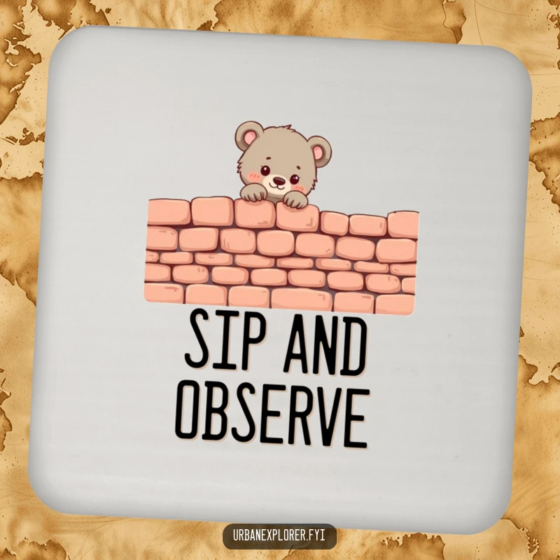 Funny Bear Cub Coasters: A tiny bear cub peeks over a brick wall, bringing adorable charm to surfaces.