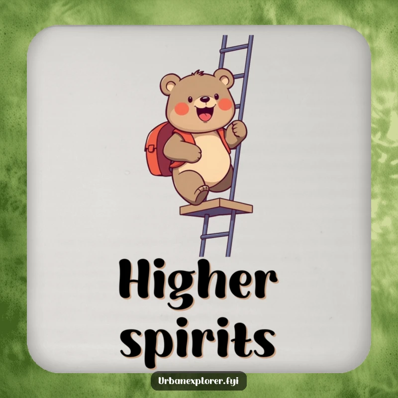 Funny drink coaster with a gleeful bear and backpack climbing a fire escape, providing a humorous barrier against drink rings.