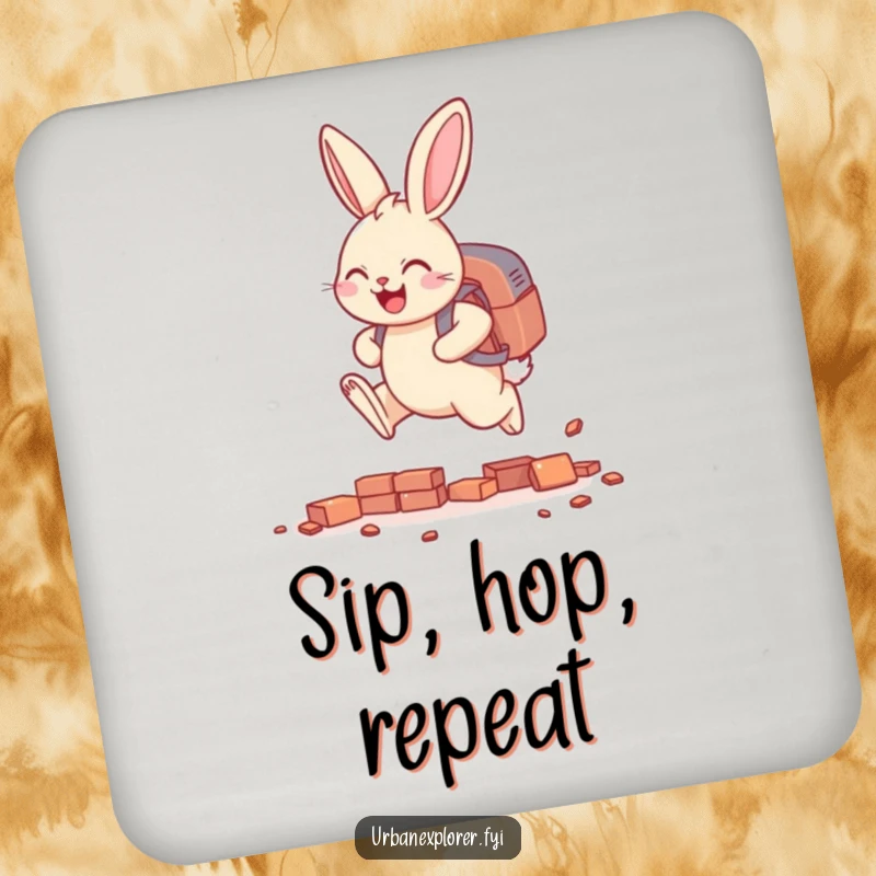 Funny smiling bunny with a backpack, leaping over tiny scattered bricks, a set of humorous coasters for drinks.