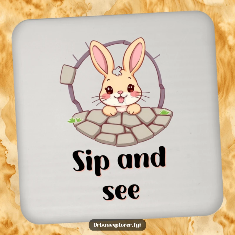 Funny bunny drink coaster: a cheerful bunny peeking through a cracked pavement grate, bringing a touch of quirky charm to any surface.