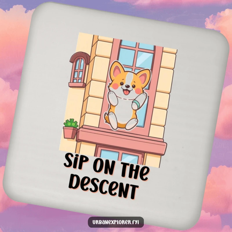 Funny corgi coaster, a fluffy corgi enthusiastically rappelling down a stylized building facade, a humorous drink accessory.